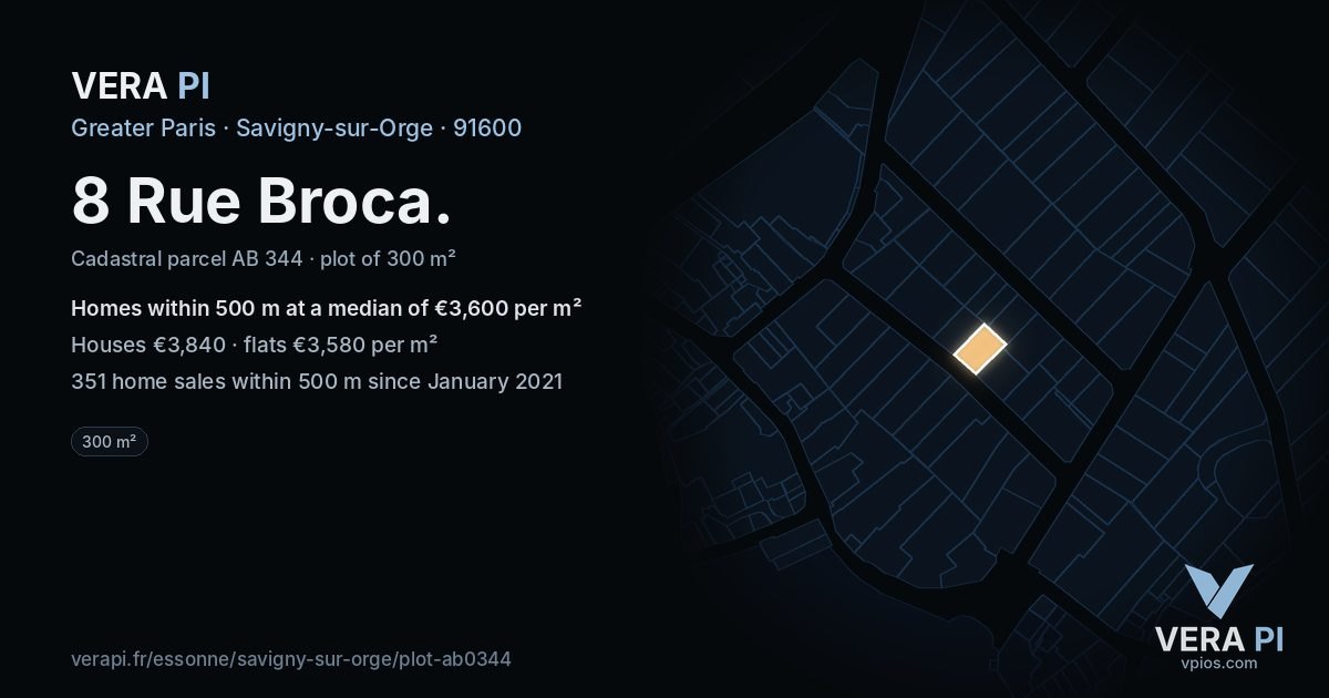 8 Rue Broca, Savigny-sur-Orge at night – the plot lit, the parcels around coloured by the prices near them