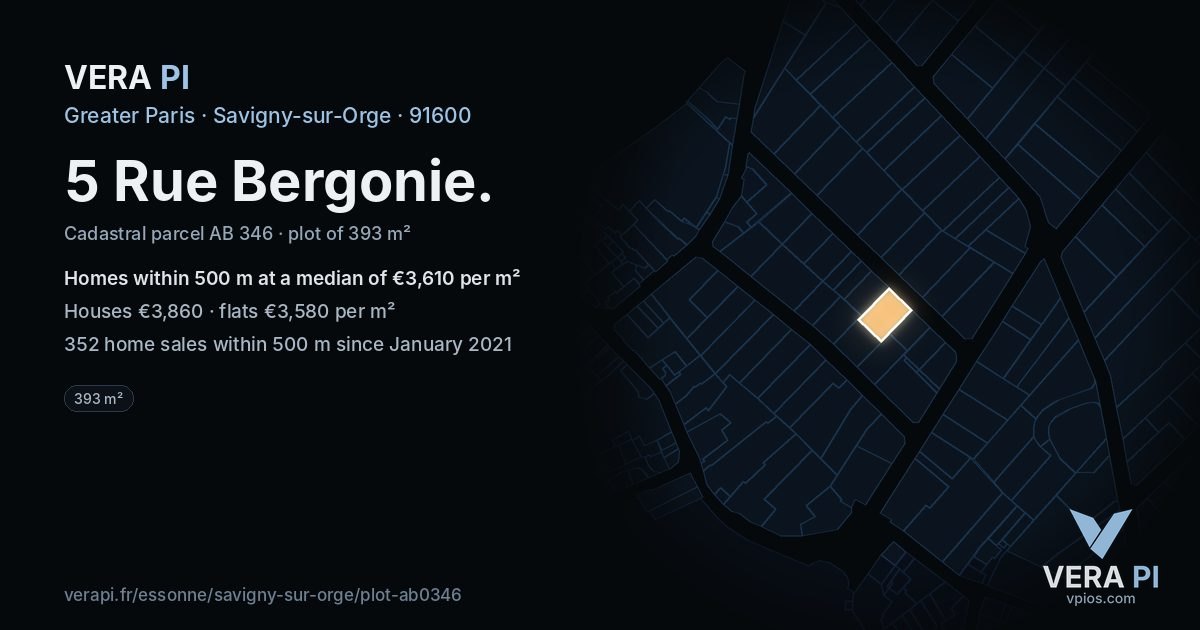 5 Rue Bergonie, Savigny-sur-Orge at night – the plot lit, the parcels around coloured by the prices near them