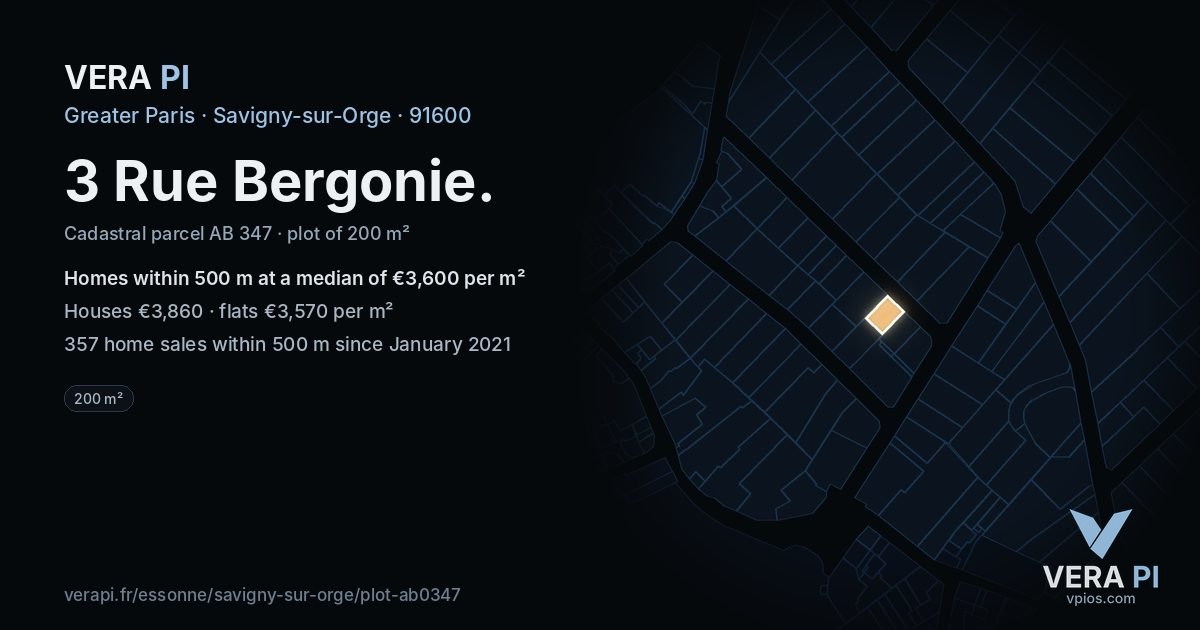3 Rue Bergonie, Savigny-sur-Orge at night – the plot lit, the parcels around coloured by the prices near them