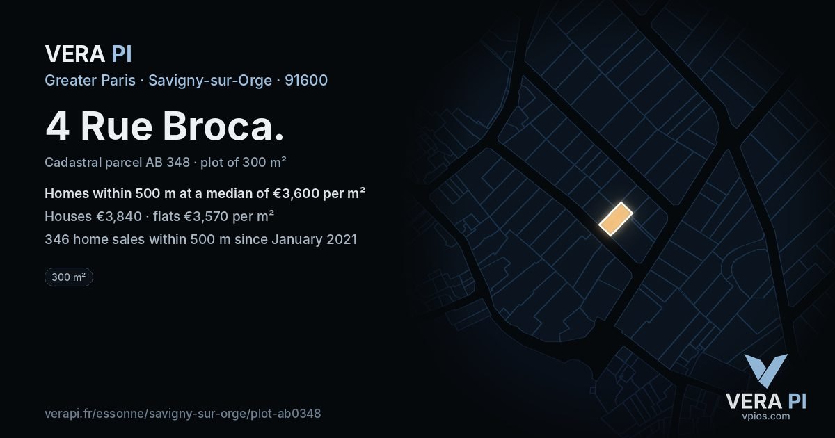 4 Rue Broca, Savigny-sur-Orge at night – the plot lit, the parcels around coloured by the prices near them