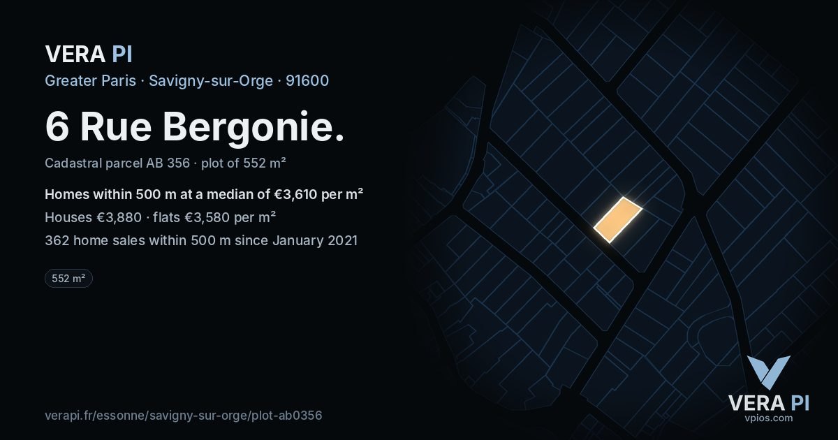 6 Rue Bergonie, Savigny-sur-Orge at night – the plot lit, the parcels around coloured by the prices near them