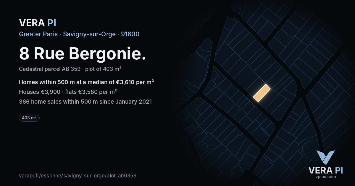 8 Rue Bergonie, Savigny-sur-Orge at night – the plot lit, the parcels around coloured by the prices near them