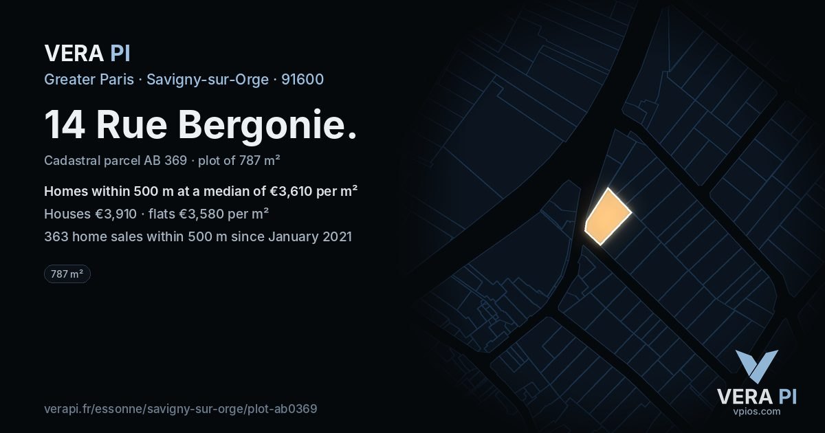 14 Rue Bergonie, Savigny-sur-Orge at night – the plot lit, the parcels around coloured by the prices near them