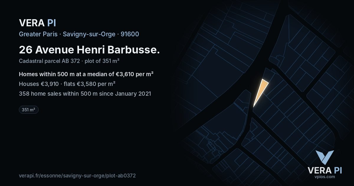 26 Avenue Henri Barbusse, Savigny-sur-Orge at night – the plot lit, the parcels around coloured by the prices near them