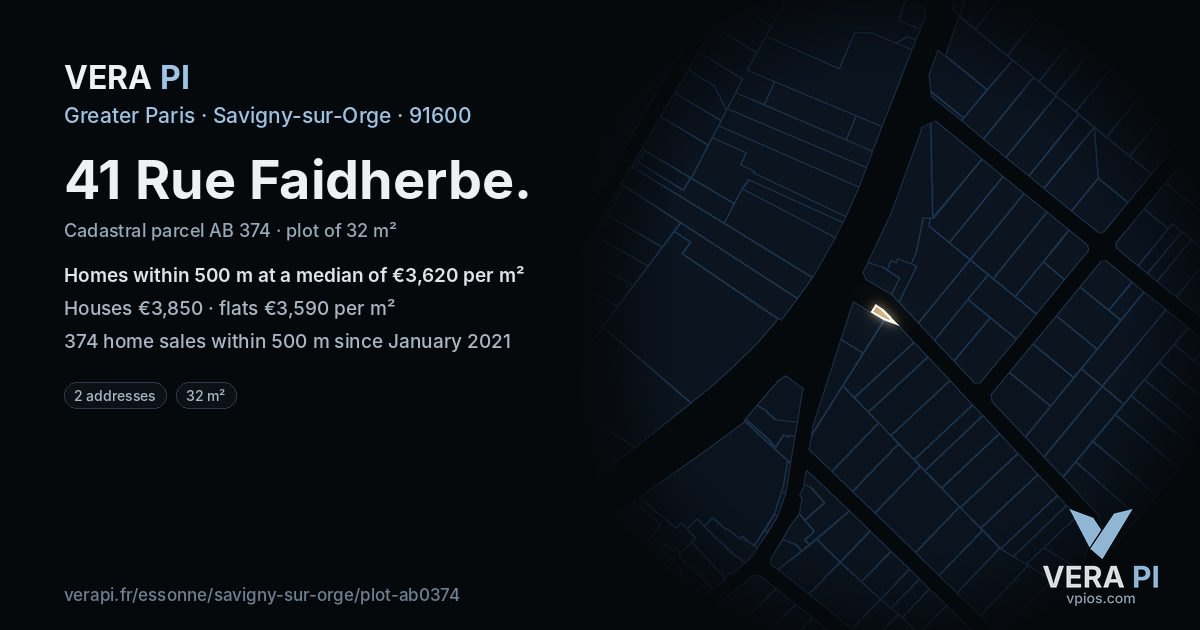 41 Rue Faidherbe, Savigny-sur-Orge at night – the plot lit, the parcels around coloured by the prices near them