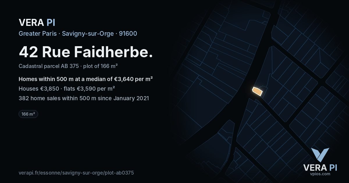 42 Rue Faidherbe, Savigny-sur-Orge at night – the plot lit, the parcels around coloured by the prices near them