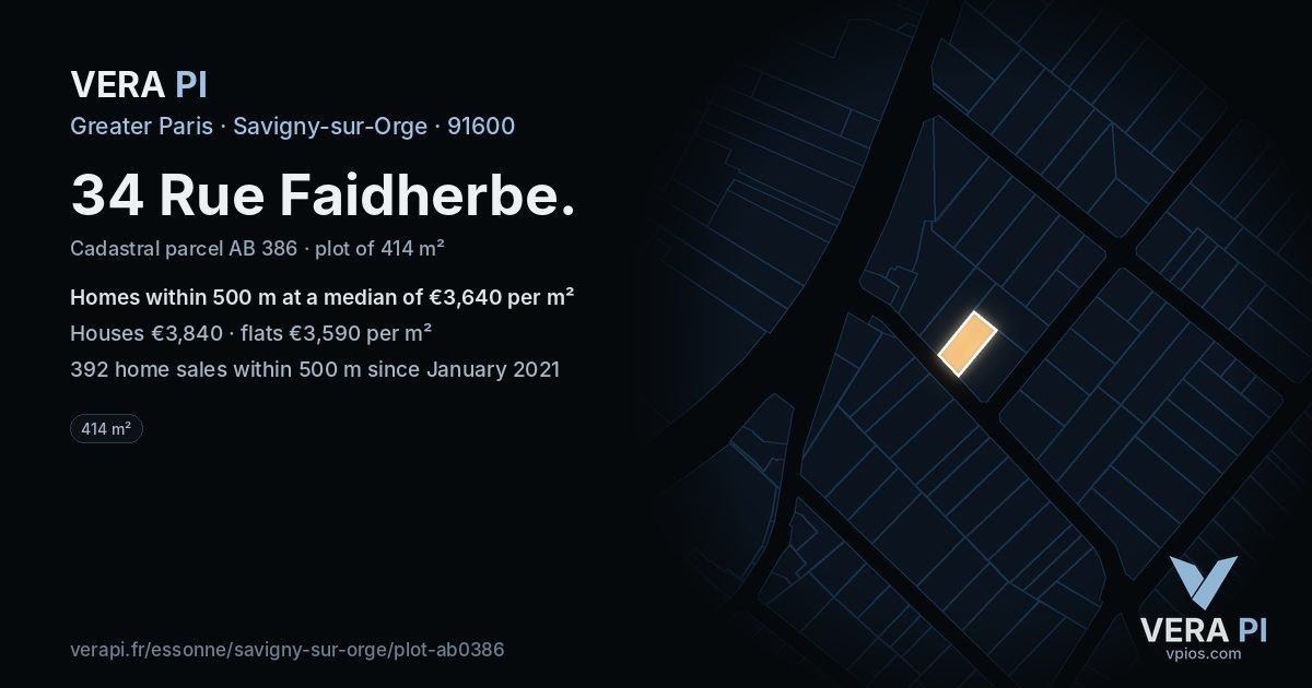 34 Rue Faidherbe, Savigny-sur-Orge at night – the plot lit, the parcels around coloured by the prices near them