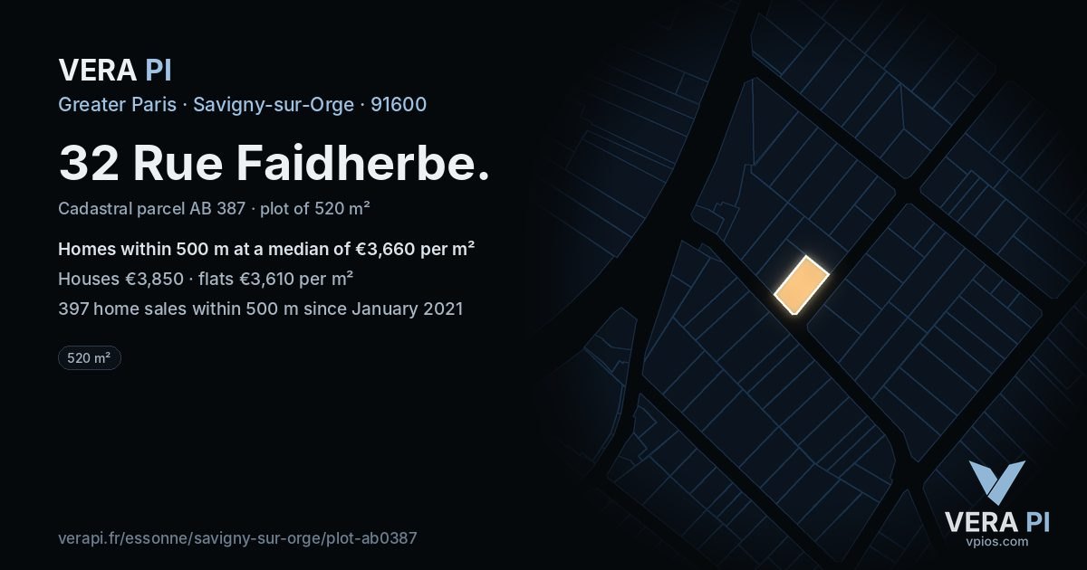32 Rue Faidherbe, Savigny-sur-Orge at night – the plot lit, the parcels around coloured by the prices near them