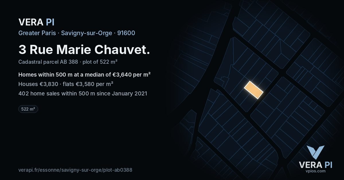 3 Rue Marie Chauvet, Savigny-sur-Orge at night – the plot lit, the parcels around coloured by the prices near them