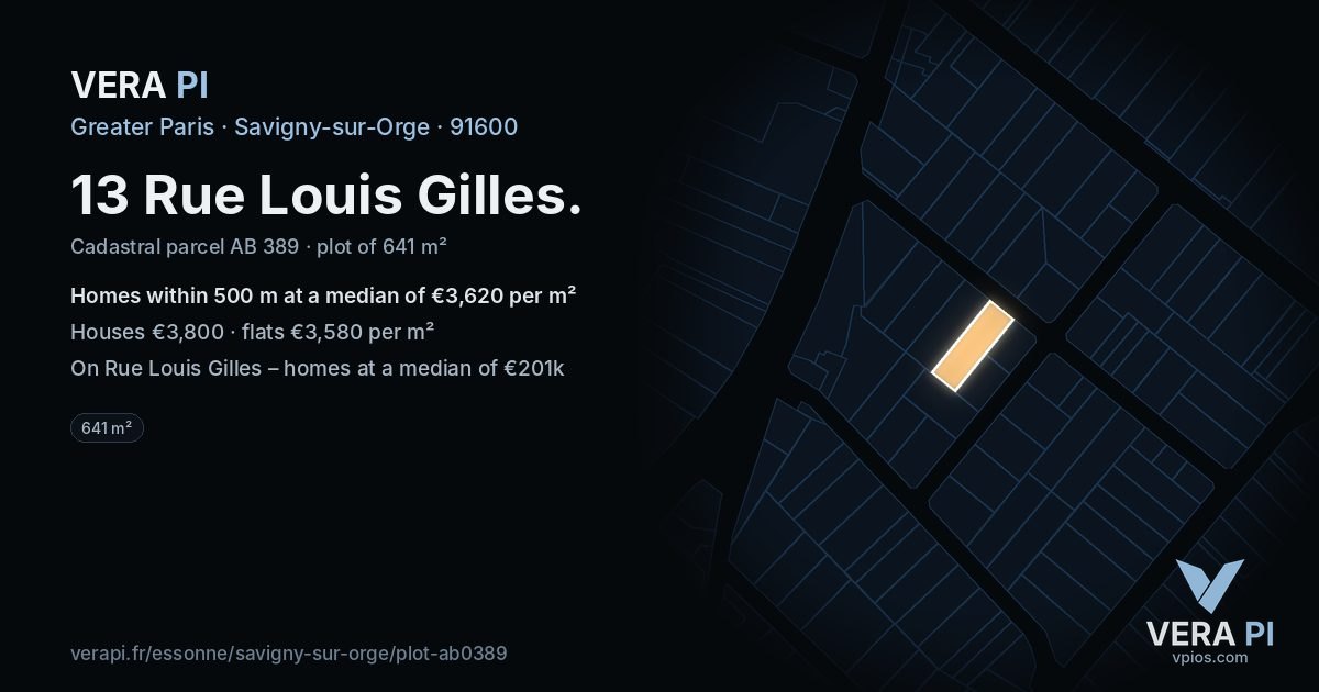 13 Rue Louis Gilles, Savigny-sur-Orge at night – the plot lit, the parcels around coloured by the prices near them