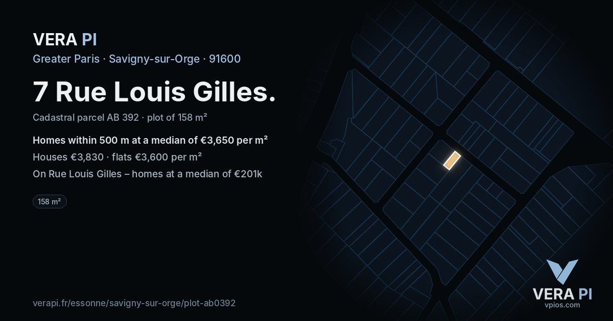 7 Rue Louis Gilles, Savigny-sur-Orge at night – the plot lit, the parcels around coloured by the prices near them