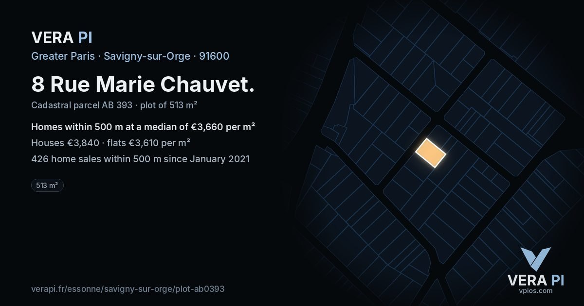 8 Rue Marie Chauvet, Savigny-sur-Orge at night – the plot lit, the parcels around coloured by the prices near them