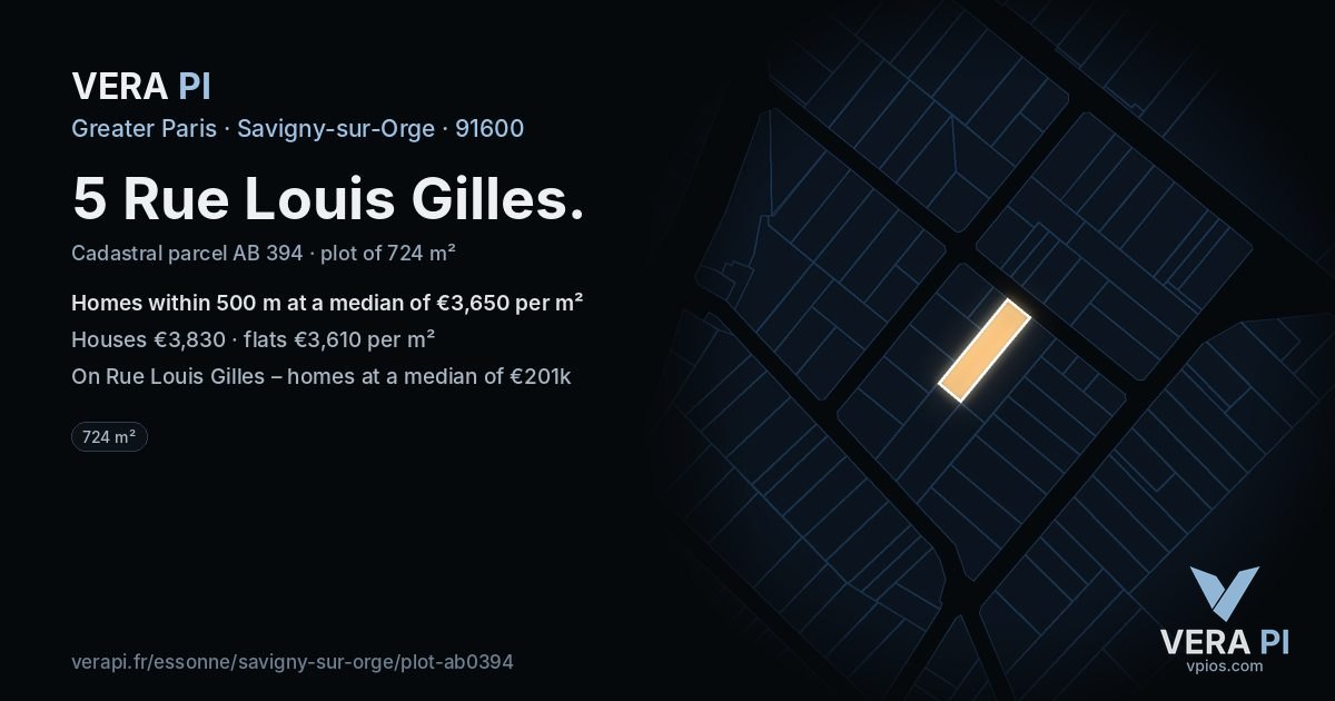 5 Rue Louis Gilles, Savigny-sur-Orge at night – the plot lit, the parcels around coloured by the prices near them