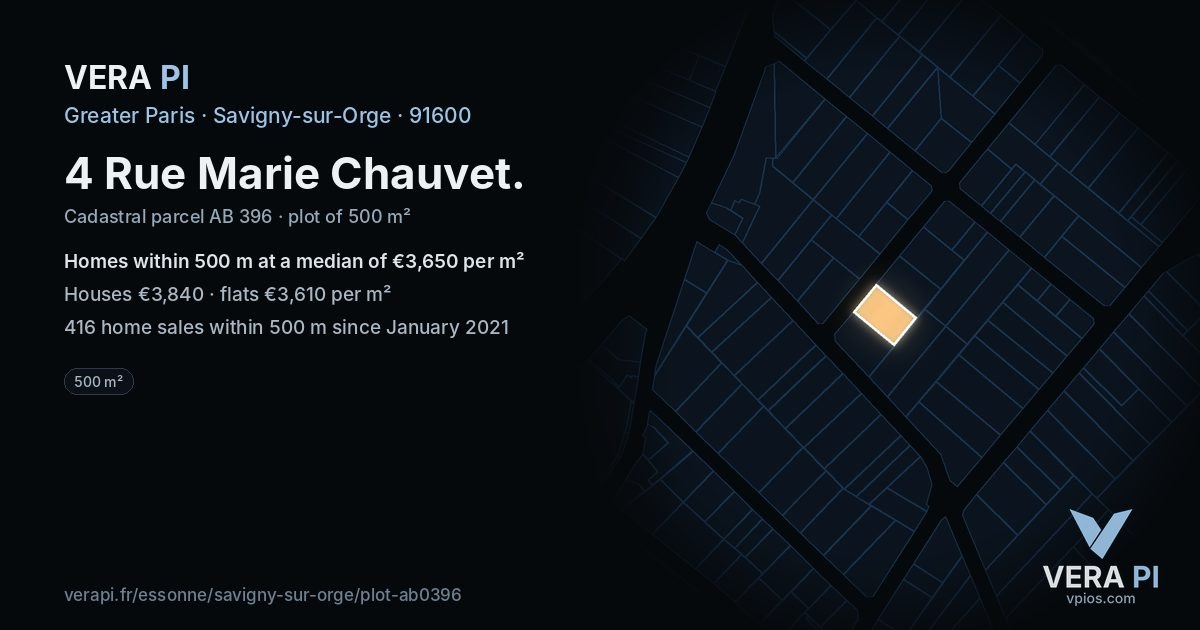 4 Rue Marie Chauvet, Savigny-sur-Orge at night – the plot lit, the parcels around coloured by the prices near them
