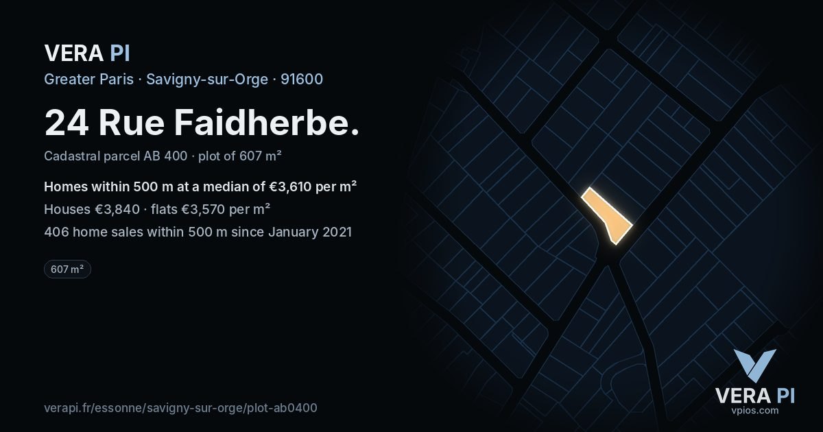 24 Rue Faidherbe, Savigny-sur-Orge at night – the plot lit, the parcels around coloured by the prices near them