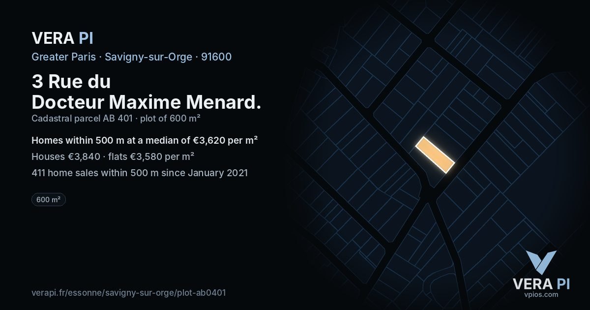3 Rue du Docteur Maxime Menard, Savigny-sur-Orge at night – the plot lit, the parcels around coloured by the prices near them
