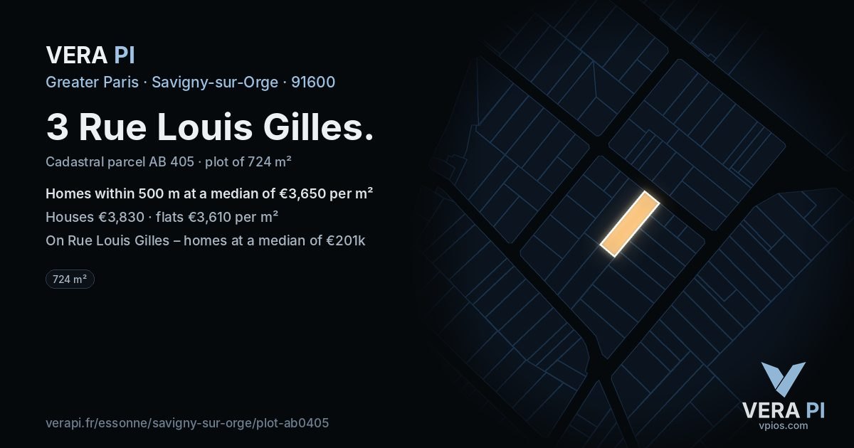 3 Rue Louis Gilles, Savigny-sur-Orge at night – the plot lit, the parcels around coloured by the prices near them
