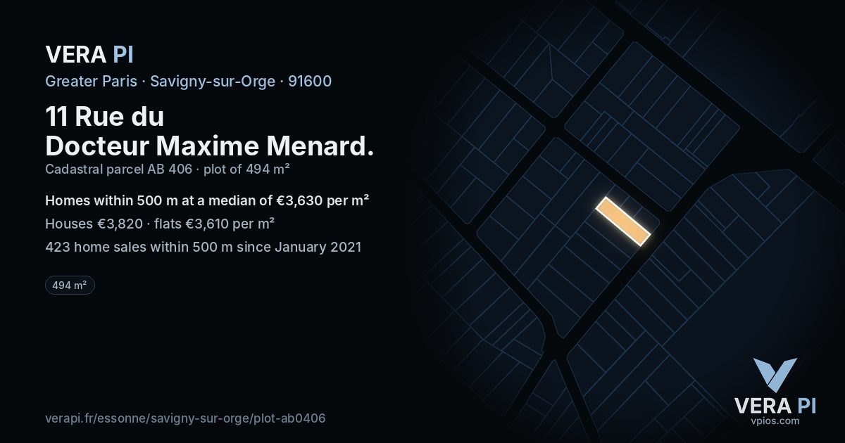 11 Rue du Docteur Maxime Menard, Savigny-sur-Orge at night – the plot lit, the parcels around coloured by the prices near them