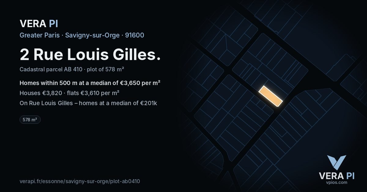 2 Rue Louis Gilles, Savigny-sur-Orge at night – the plot lit, the parcels around coloured by the prices near them