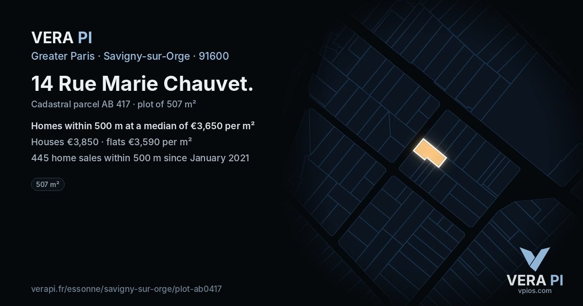 14 Rue Marie Chauvet, Savigny-sur-Orge at night – the plot lit, the parcels around coloured by the prices near them