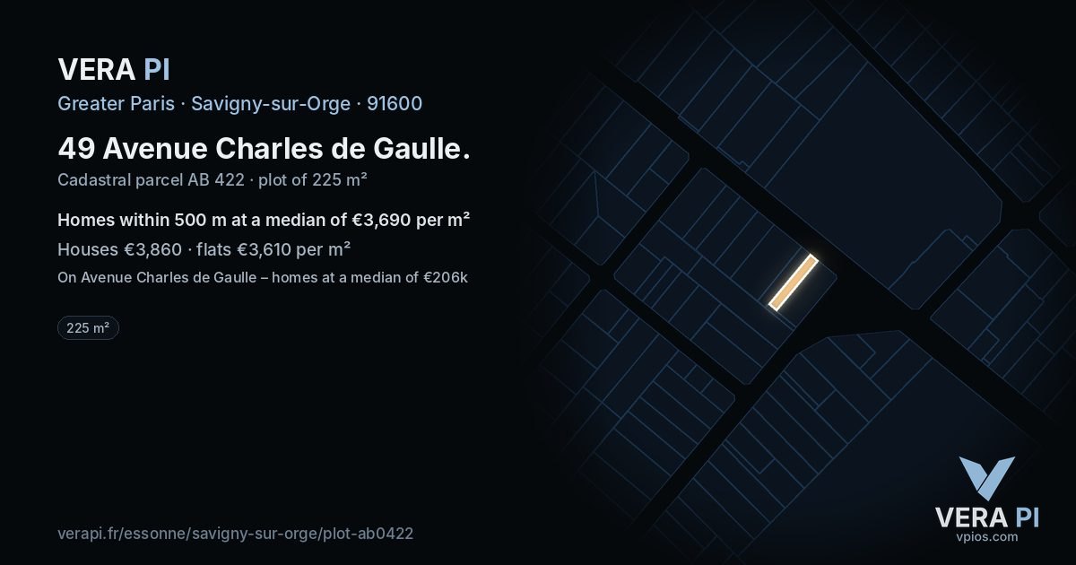 49 Avenue Charles de Gaulle, Savigny-sur-Orge at night – the plot lit, the parcels around coloured by the prices near them