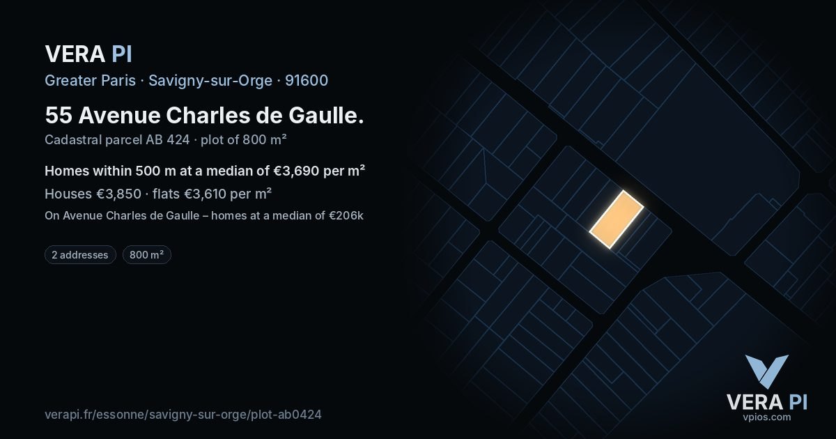 55 Avenue Charles de Gaulle, Savigny-sur-Orge at night – the plot lit, the parcels around coloured by the prices near them