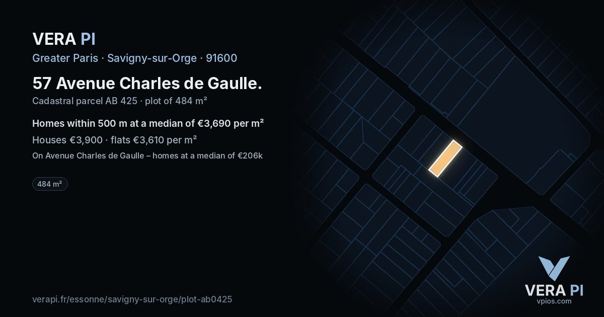 57 Avenue Charles de Gaulle, Savigny-sur-Orge at night – the plot lit, the parcels around coloured by the prices near them