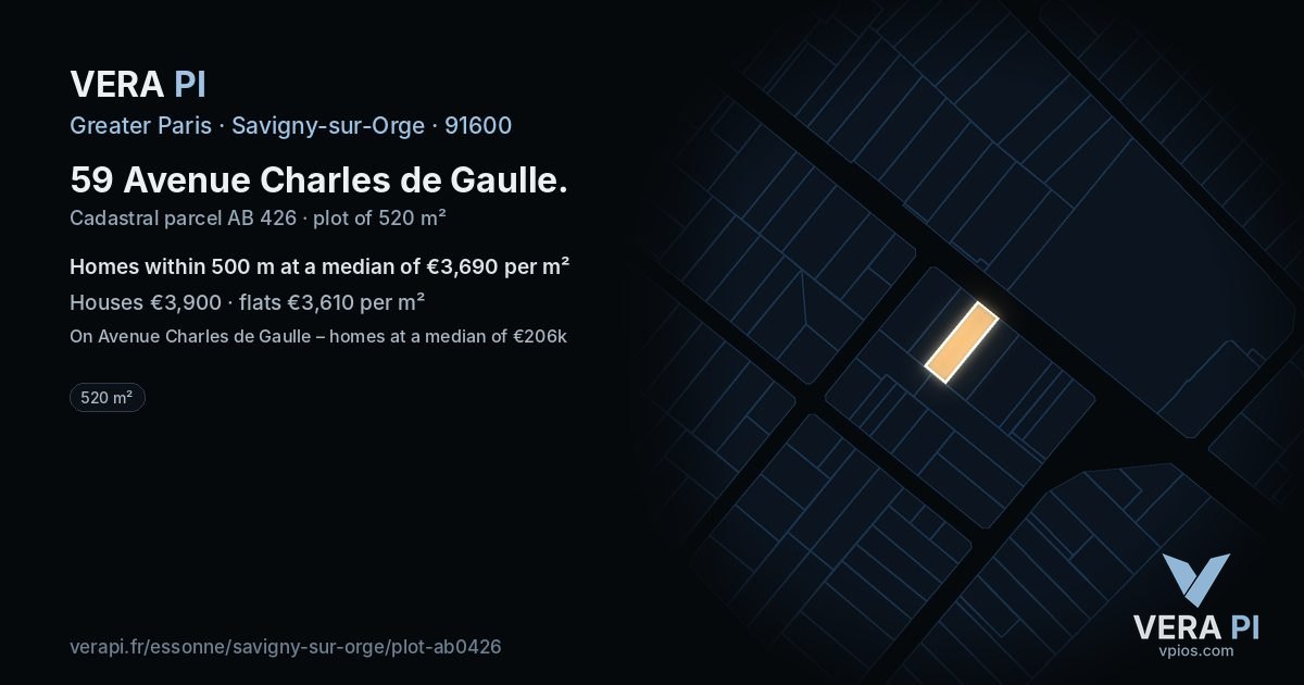 59 Avenue Charles de Gaulle, Savigny-sur-Orge at night – the plot lit, the parcels around coloured by the prices near them