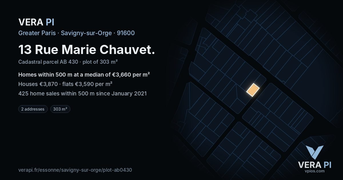 13 Rue Marie Chauvet, Savigny-sur-Orge at night – the plot lit, the parcels around coloured by the prices near them