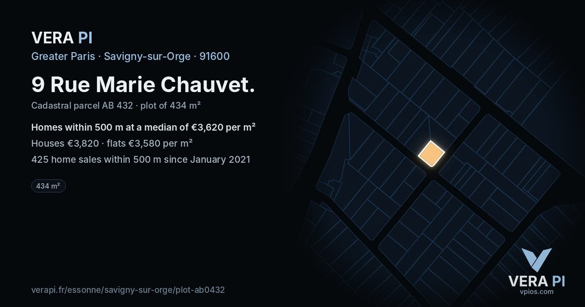 9 Rue Marie Chauvet, Savigny-sur-Orge at night – the plot lit, the parcels around coloured by the prices near them