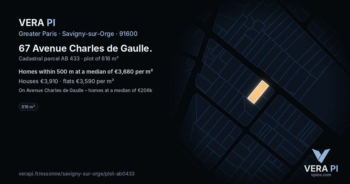 67 Avenue Charles de Gaulle, Savigny-sur-Orge at night – the plot lit, the parcels around coloured by the prices near them