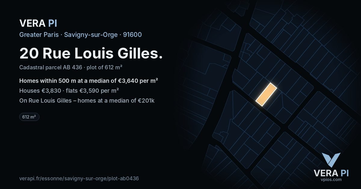 20 Rue Louis Gilles, Savigny-sur-Orge at night – the plot lit, the parcels around coloured by the prices near them