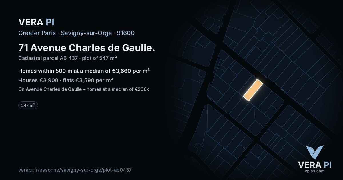 71 Avenue Charles de Gaulle, Savigny-sur-Orge at night – the plot lit, the parcels around coloured by the prices near them