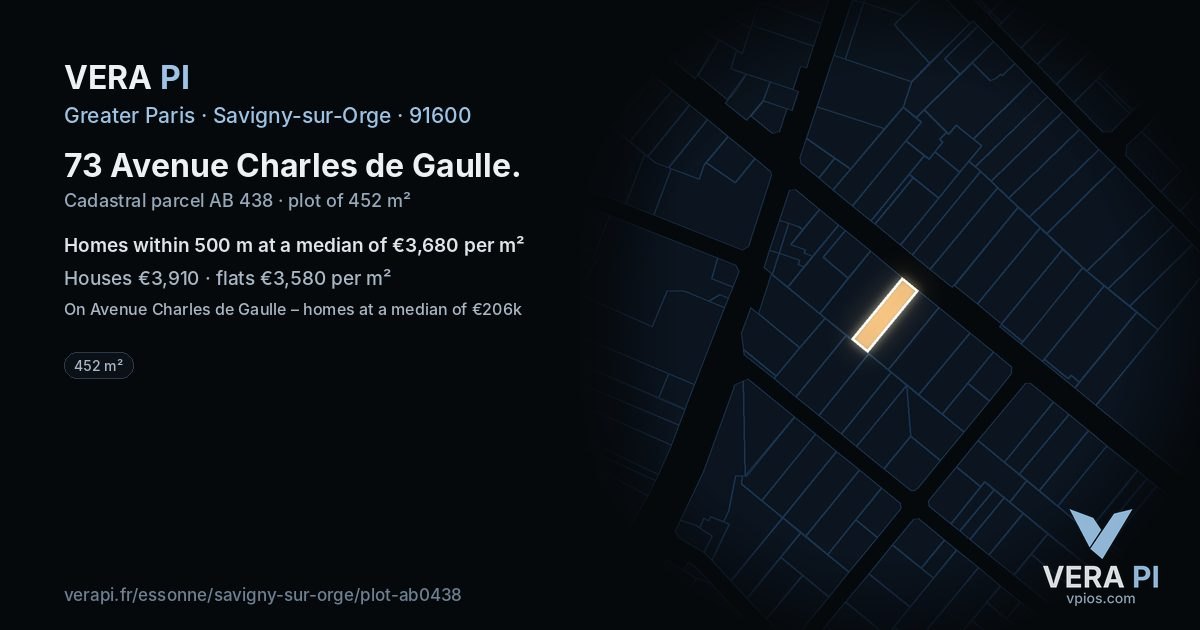 73 Avenue Charles de Gaulle, Savigny-sur-Orge at night – the plot lit, the parcels around coloured by the prices near them