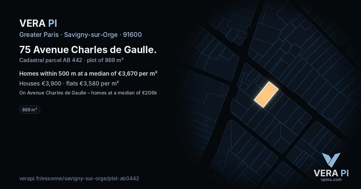 75 Avenue Charles de Gaulle, Savigny-sur-Orge at night – the plot lit, the parcels around coloured by the prices near them