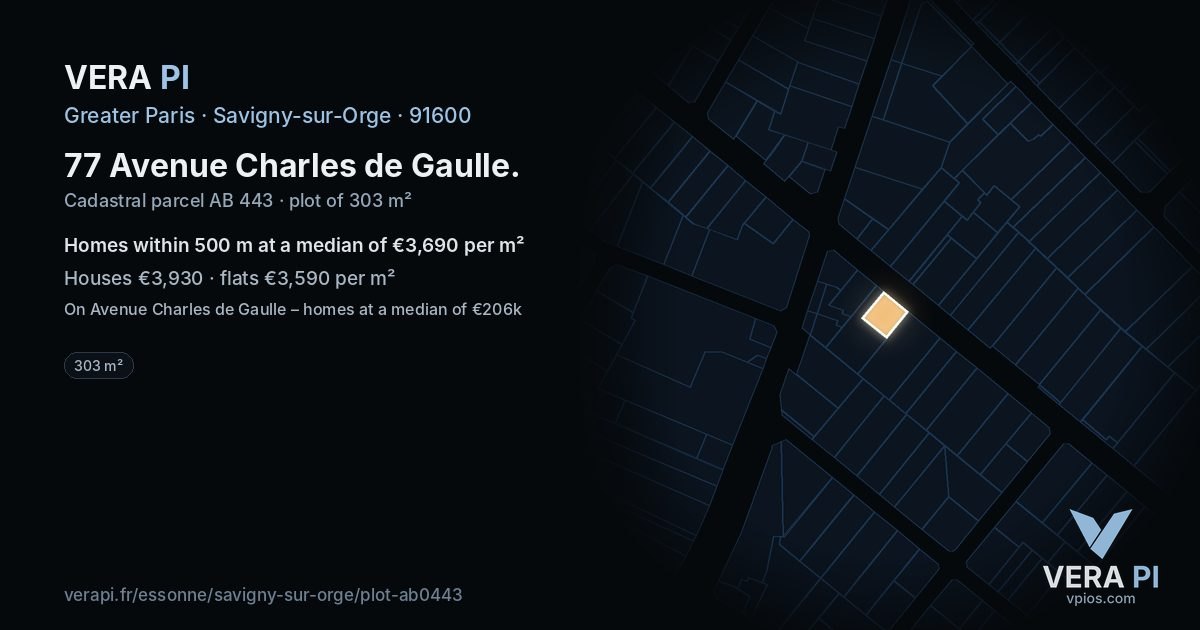 77 Avenue Charles de Gaulle, Savigny-sur-Orge at night – the plot lit, the parcels around coloured by the prices near them