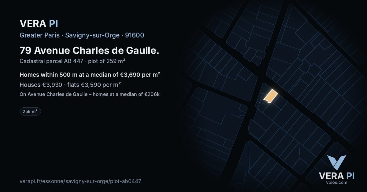 79 Avenue Charles de Gaulle, Savigny-sur-Orge at night – the plot lit, the parcels around coloured by the prices near them