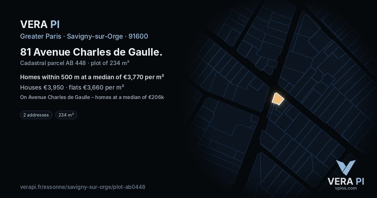 81 Avenue Charles de Gaulle, Savigny-sur-Orge at night – the plot lit, the parcels around coloured by the prices near them