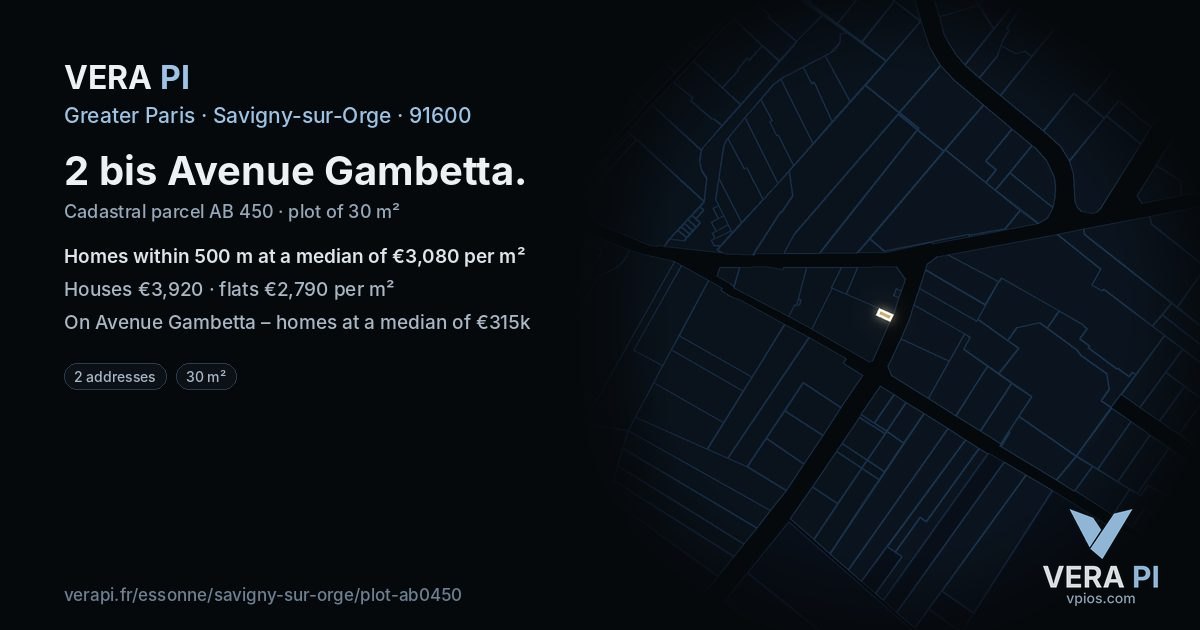2 bis Avenue Gambetta, Savigny-sur-Orge at night – the plot lit, the parcels around coloured by the prices near them