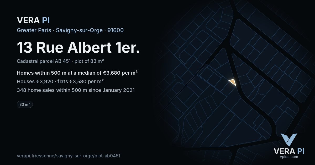 13 Rue Albert 1er, Savigny-sur-Orge at night – the plot lit, the parcels around coloured by the prices near them