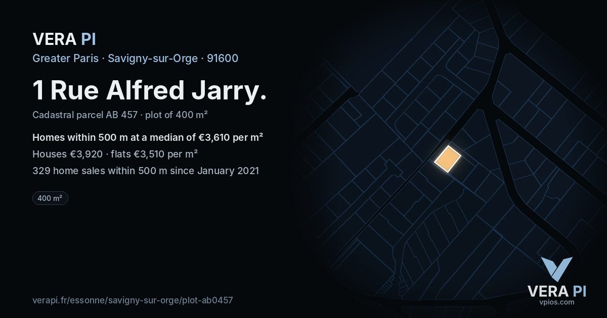 1 Rue Alfred Jarry, Savigny-sur-Orge at night – the plot lit, the parcels around coloured by the prices near them