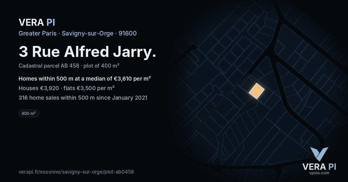 3 Rue Alfred Jarry, Savigny-sur-Orge at night – the plot lit, the parcels around coloured by the prices near them