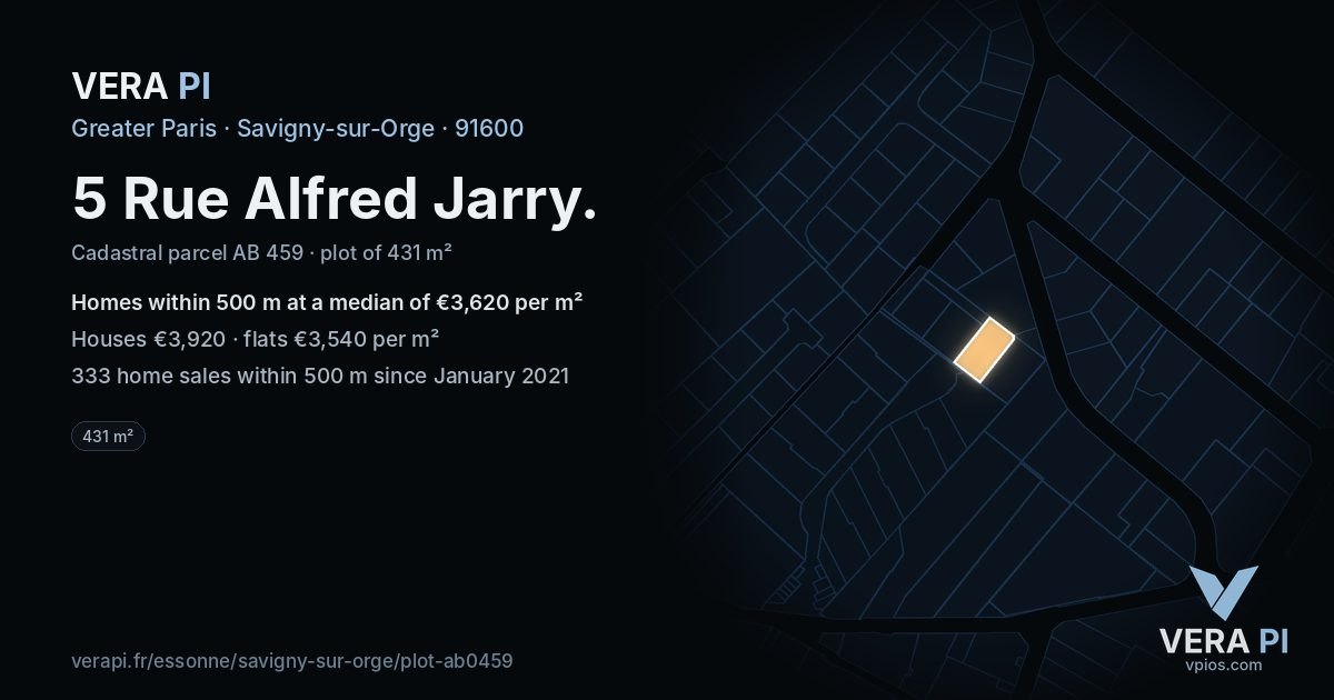 5 Rue Alfred Jarry, Savigny-sur-Orge at night – the plot lit, the parcels around coloured by the prices near them
