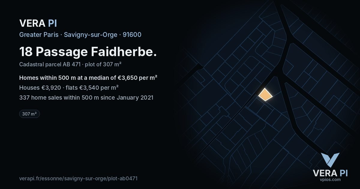 18 Passage Faidherbe, Savigny-sur-Orge at night – the plot lit, the parcels around coloured by the prices near them