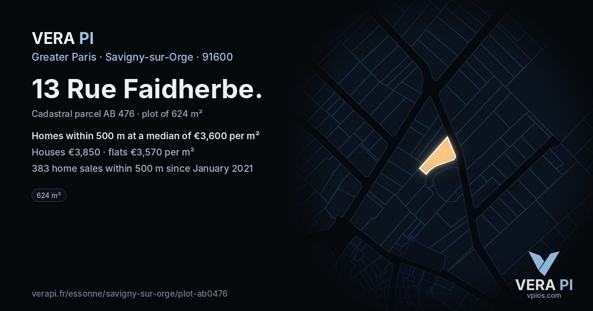 13 Rue Faidherbe, Savigny-sur-Orge at night – the plot lit, the parcels around coloured by the prices near them