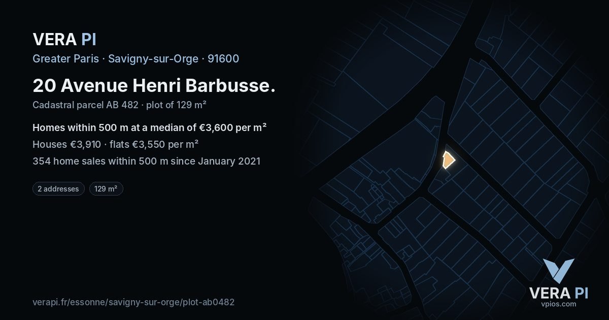 20 Avenue Henri Barbusse, Savigny-sur-Orge at night – the plot lit, the parcels around coloured by the prices near them