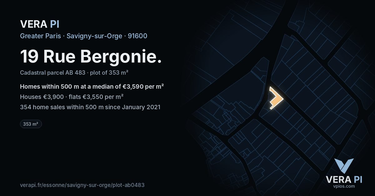 19 Rue Bergonie, Savigny-sur-Orge at night – the plot lit, the parcels around coloured by the prices near them