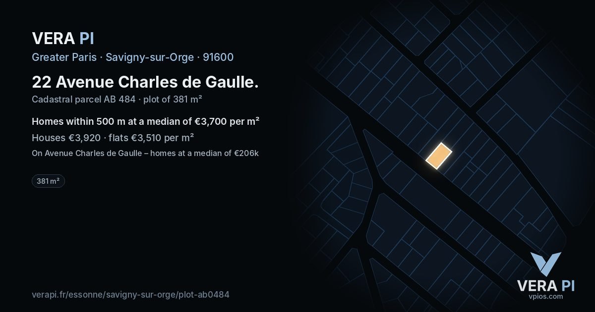 22 Avenue Charles de Gaulle, Savigny-sur-Orge at night – the plot lit, the parcels around coloured by the prices near them