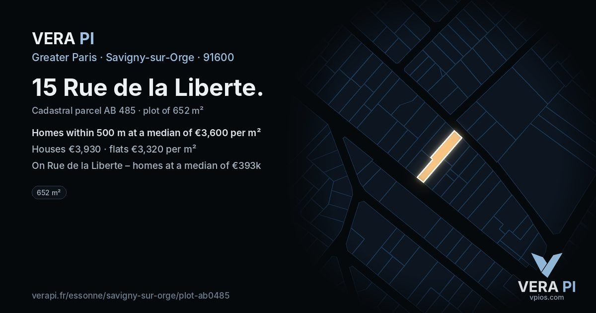 15 Rue de la Liberte, Savigny-sur-Orge at night – the plot lit, the parcels around coloured by the prices near them