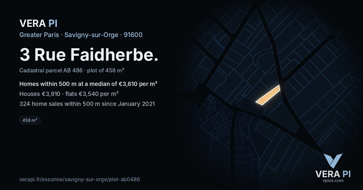 3 Rue Faidherbe, Savigny-sur-Orge at night – the plot lit, the parcels around coloured by the prices near them